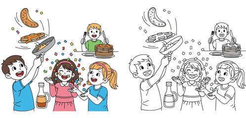 Happy children flipping pancakes with confetti and syrup, coloring page vector illustration for Shrove Tuesday or breakfast party.