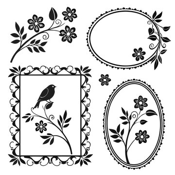 A set of floral frames and borders with a bird