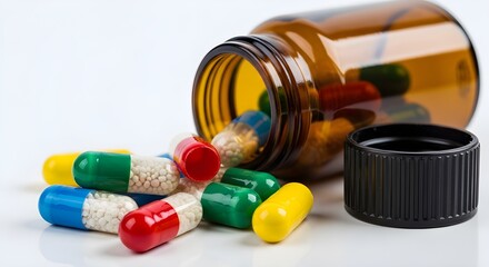 Pill bottle with colorful capsules spilled out on white surface