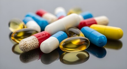 A pile of colorful pills and capsules on a reflective surface