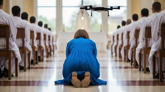Woman kneeling alone in church surrounded by rows of choir members in white robes