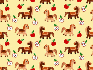 Fototapeta premium Seamless pattern of cute cartoon horse and apple with white background . Cute design for kids' supplies.