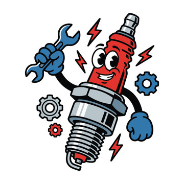 A cartoon spark plug character with a wrench and gears surrounding it, showcasing mechanical action and energy
