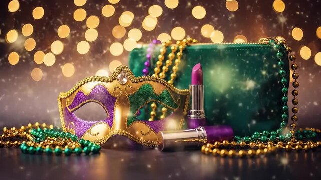 Mardi Gras mask with beads and makeup on dark background. Creative celebration accessory for Carnival party and holiday event.