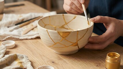 Artisan Craftsman Repairing Ceramic Bowl with Kintsugi Technique and Gold Lacquer Finish