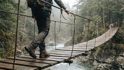Adventurer Crossing Rustic Suspension Bridge in Lush Forest Surrounded by Scenic Nature