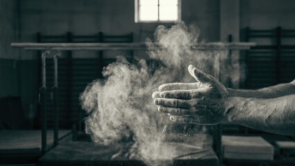 Hands Creating Dust in a Gym Setting with Light Source and Wooden Equipment in Background