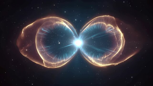 Stunning Visualization of an Energetic Cosmic Nebula with Twin Lobes Emanating Luminous Particles Against a Starry Backdrop