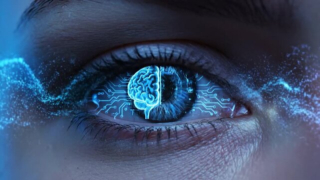 Close up human eye scanning technology concept, digital data moving in eye, artificial intelligence bionic eye interface, neural network
