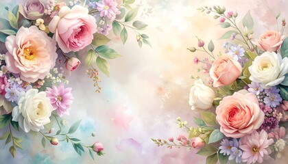 Floral arrangement of various blossoms in soft pinks, whites, and purples on a pastel background