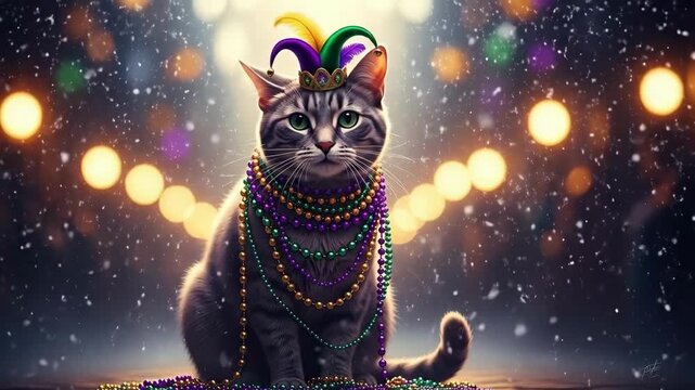 Cute cat celebrating Mardi Gras event. Decorated with beads and jester hat. Playful animal character for holiday invitation and greeting card design.