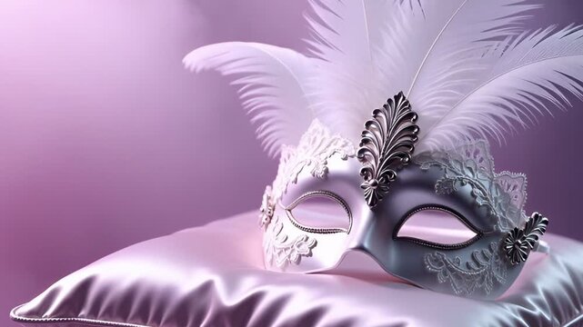 decorative Venetian masquerade mask rests on a plush pillow with feathers and embellishments for a festive event in Venice's carnival