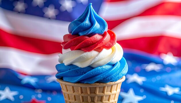 Patriotic-themed swirled soft-serve ice cream in red, white, and blue with sprinkles, served in white bowl with red accents, strawberry and blueberry garnish, and blurred stars-and-stripes background.