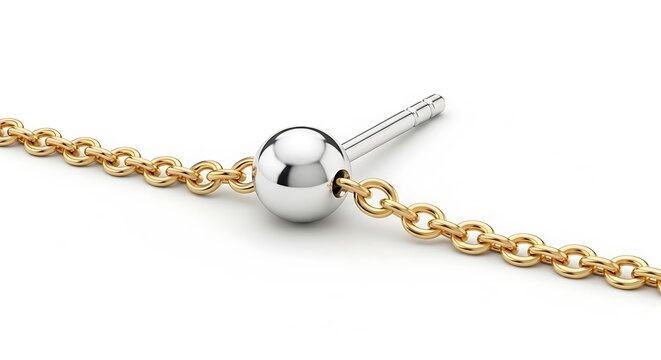 Gold chain earring with a silver sphere charm, modern single earring design, minimalist jewelry.