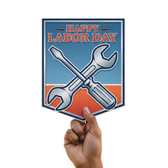 Person holding a shield-shaped sign with crossed tools and text isolated on transparent background