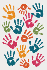 Fototapeta premium Colorful handprints pattern creative artwork diverse unity concept vibrant community collaboration diversity symbol team spirit friendship connection illustration for children and adults educational p