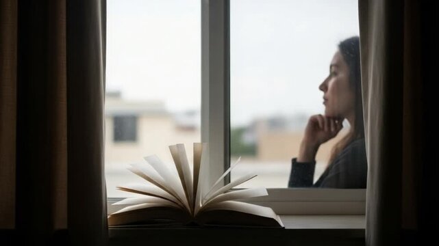 Woman looking out window with open book on windowsill and contemplative expression