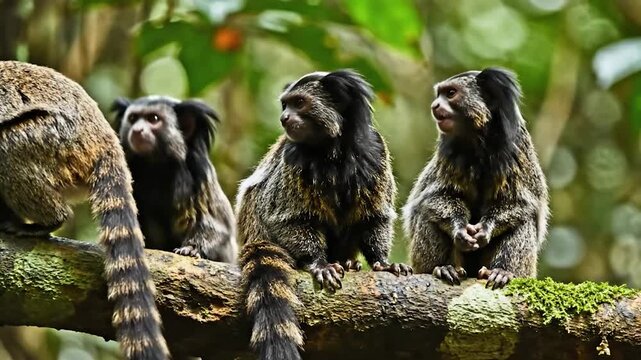 Three marmosets on a branch; one looks at camera, one covers face. Green background