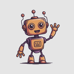 Fototapeta premium Cute orange cartoon robot character waving hello friendly greeting cheerful character illustration for technology concepts science fiction futuristic designs children's education and playful marketing