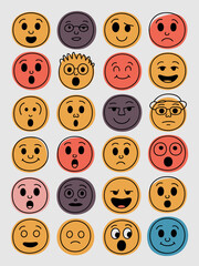 Fototapeta premium Collection of diverse emoji faces displaying a wide range of emotions and expressions happy surprised sad angry thoughtful playful confused excited excited joyful cheerful vibrant icons for social med