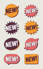 Collection of vibrant new sale announcement badges and stickers with modern graphic design featuring "NEW!" text in diverse speech bubble and starburst shapes for retail marketing promotions and adver