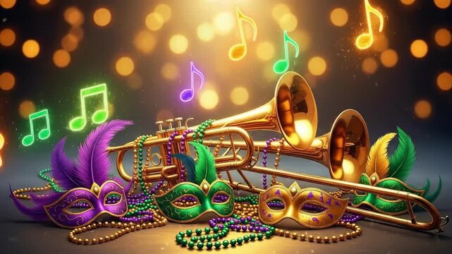 Mardi Gras celebration with brass musical instruments, masks, and decorative beads. Festive carnival party concept for holiday event.