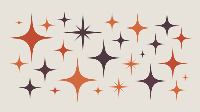 Retro sparkle starbursts mid century modern graphic design pattern with warm orange and deep purple geometric shapes on a cream background festive vintage abstract wallpaper for retro decor and celebr