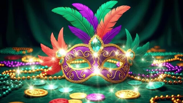 Purple Mardi Gras mask with feathers, beads, and coins on a green background. Celebration for traditional Carnival holiday event.