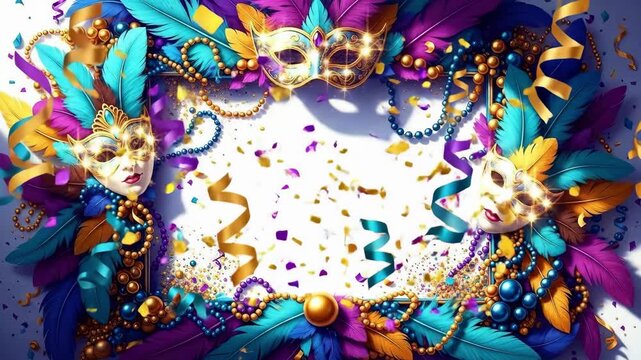 Mardi Gras mask with colorful feathers and bead necklaces. Festive frame for carnaval invitation or party poster. Celebration concept.