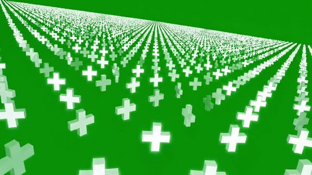 Abstract digital perspective with an endless array of white plus symbols on a vibrant green background, creating a dynamic and modern geometric pattern for technological design concepts
