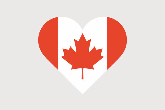 Canadian flag in heart shape symbol of love and patriotism for Canada country national pride concept graphic illustration with maple leaf and red white colors on neutral background