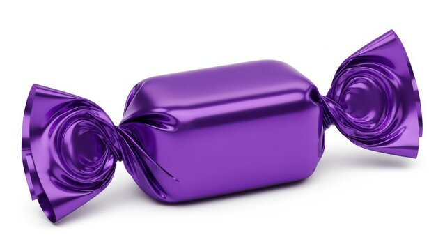A shiny purple candy wrapper with a reflective surface and twisted ends