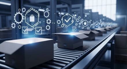 Fototapeta premium Packages moving along a conveyor belt in a warehouse with digital security icons overlayed