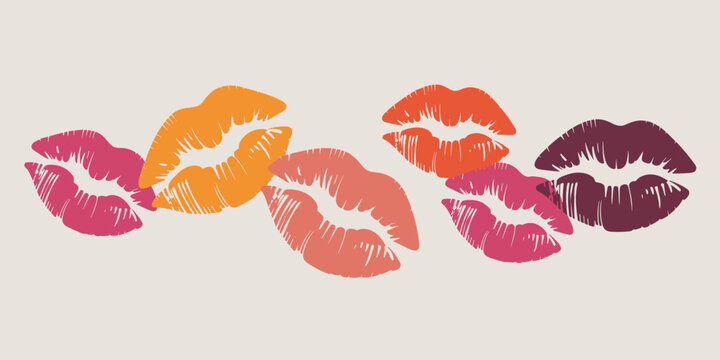 Collection of colorful lipstick kiss marks forming a decorative border element for beauty and fashion marketing campaigns vibrant playful romantic feminine celebration or Valentine's Day design concep