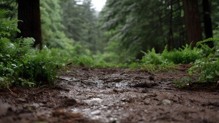 Obraz premium A low angle view of a wet muddy forest trail winding through dense green foliage and tall trees hinting at a recent rainfall