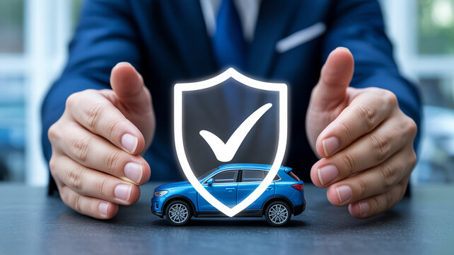 A person protects a toy car with a glowing shield symbolizing vehicle insurance