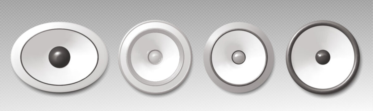 3D speaker realistic vector illustration, sound equipment set. Modern loudspeaker in different design, music system, radio device or subwoofer isolated on transparent, home theater or audio technology