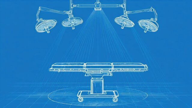 Blueprint-style drawing of a hospital operating table beneath multiple ceiling surgical lights. Concept Blueprint drawing, Hospital OR table, Ceiling surgical lights, Medical illustration, OR layout