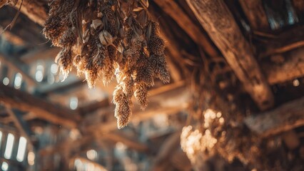 Obraz premium Dried grain hanging in bunches from a wooden barn ceiling, bathed in warm amber light. Concept Rustic Barn, Dried Grain, Amber Lighting, Harvest Textures, Warm Tones
