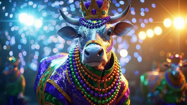 Fat Tuesday parade ox wearing Mardi Gras costume with glittering beads and crown. Festive celebration for carnival.