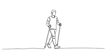 Fototapeta premium Continuous line drawing of male nordic walker using poles. No editable stroke