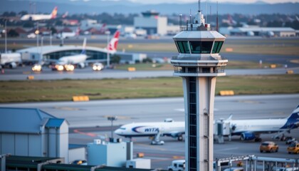 Airport control tower overseeing airplanes on the runway and terminal area during daytime.