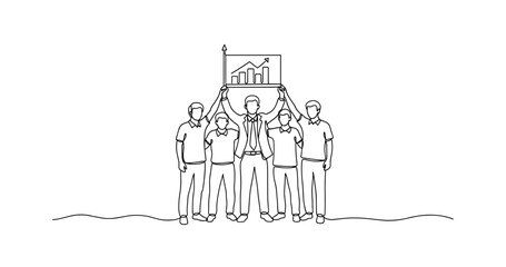 Obraz premium Team of young caucasian males holding growth chart in line art style. No editable stroke