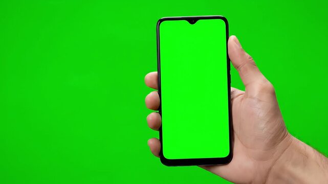Hand holding modern smartphone with bright green screen for custom background insertion