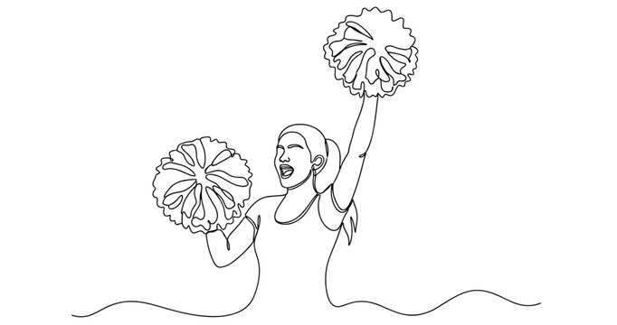Asian young female cheerleader performing with pom-poms in continuous line art. No editable stroke