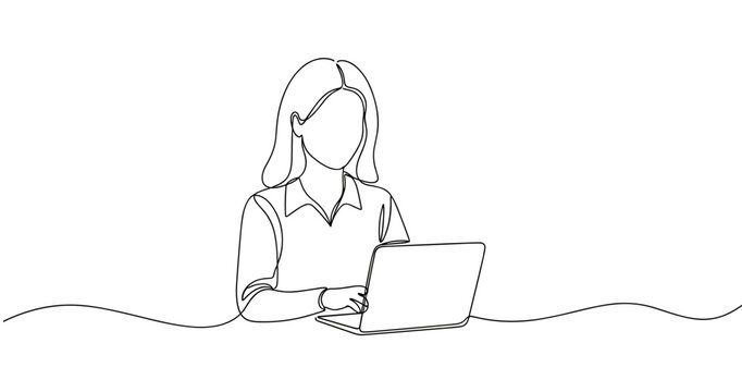 Asian young female working on laptop - minimalist line art illustration. No editable stroke