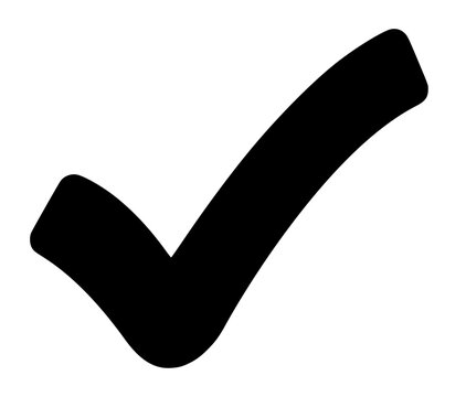 A bold black check mark symbol representing confirmation, success, or completion, isolated on a plain white background, conveying a sense of approval and agreement
