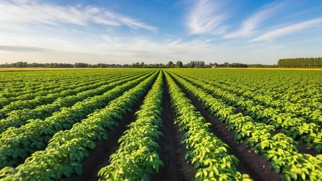 Vibrant green agricultural field with rows of crops under a blue sky