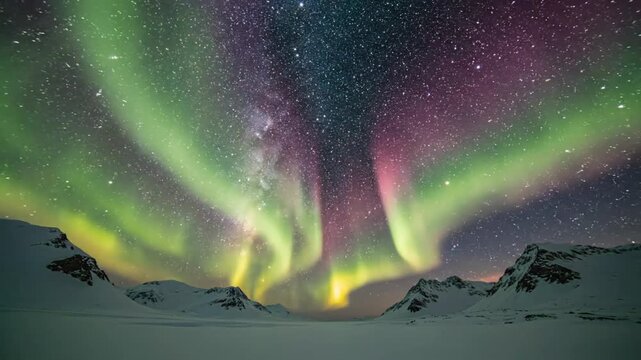 Mesmerizing aurora borealis dancing across the starry night sky over snow-covered mountains