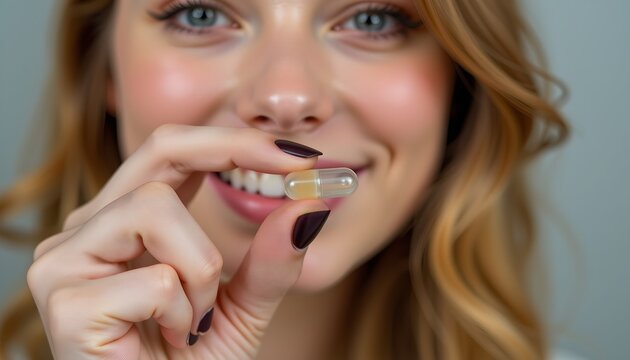Young woman taking a vitamin capsule for daily health support.